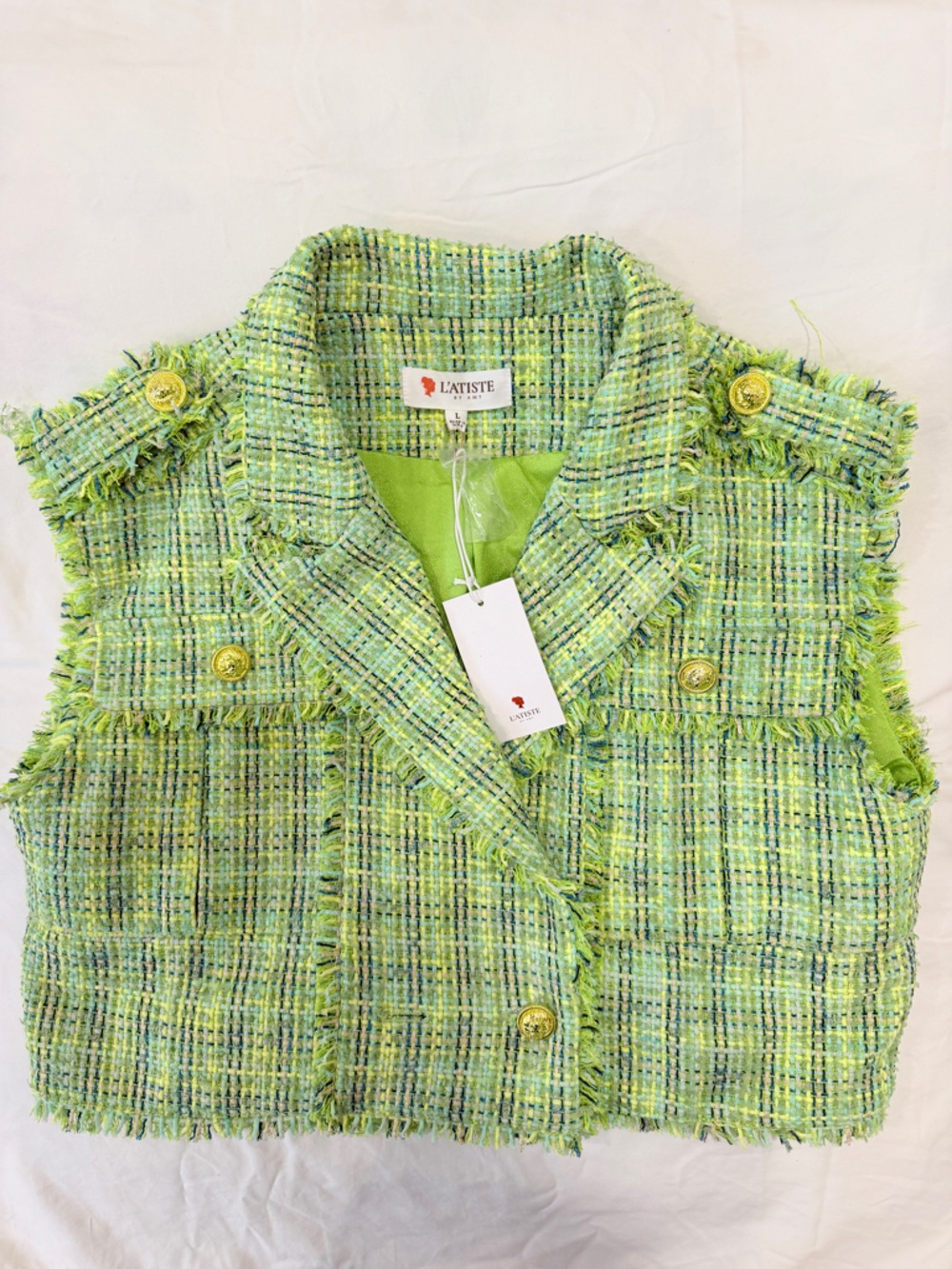 Latiste Green Tweed 2 Piece Set Large Cropped Jacket Pleated Skort - Picture 6 of 10